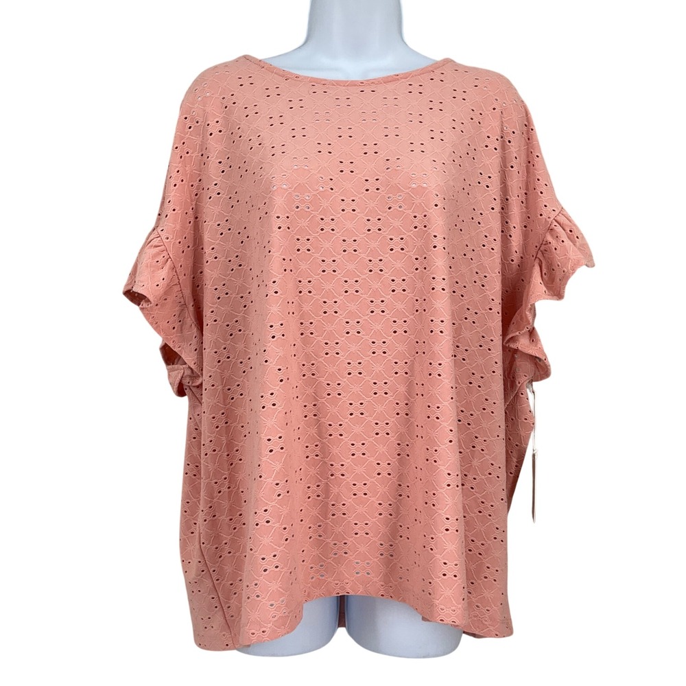 Lauren Conrad Eyelet Top Women XXL Pastel Coral Ruffle Sleeve Boho New